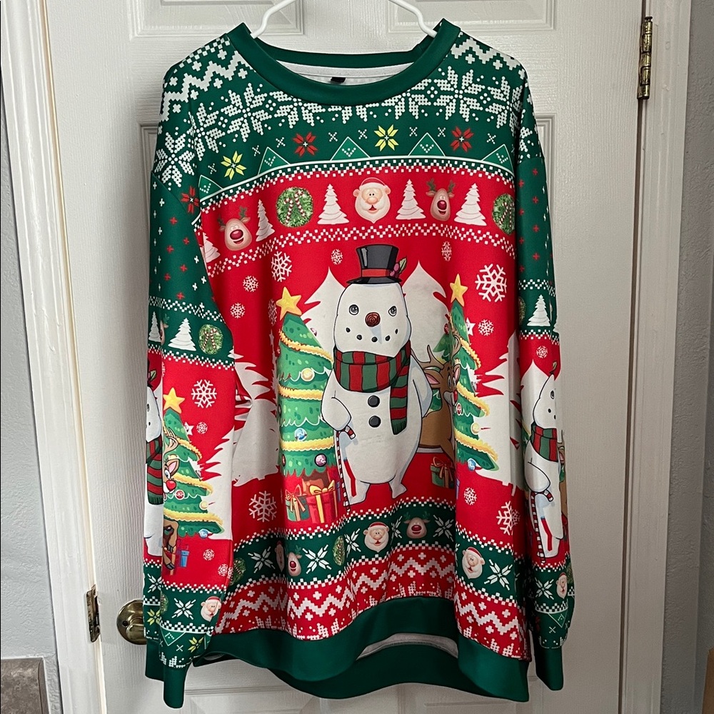 Festive Snowman Christmas Sweater - Green and Red